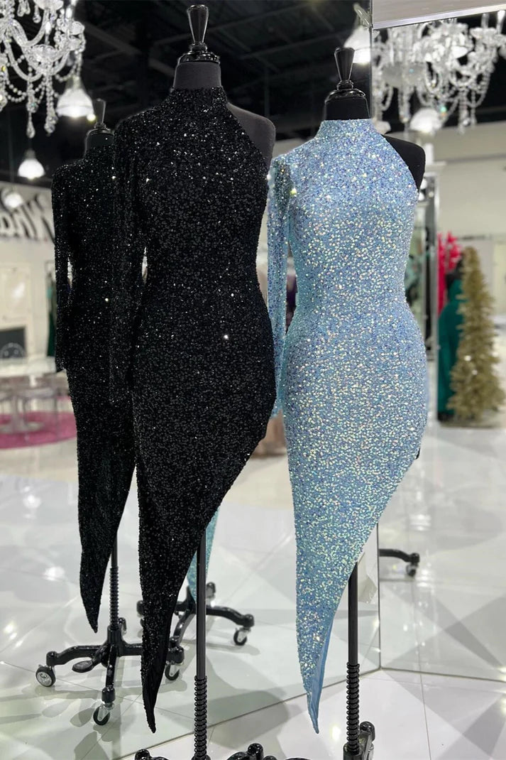 Luolandi High Neck Tight Sequins Long Dress One Shoulder Sparkly Party Dress Charming